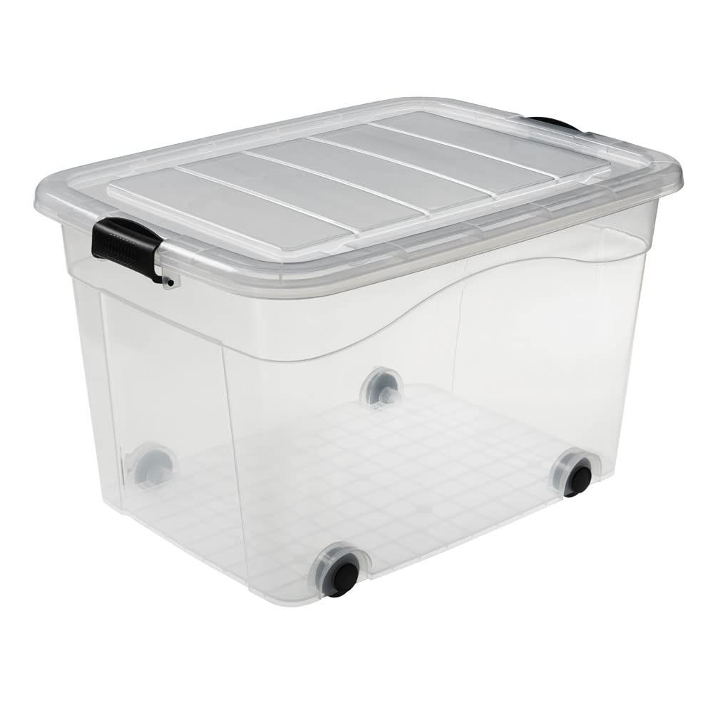 Logiplast 2 Stück Aufbewahrungsbox transparent 100 Liter mit Deckel und Klickverschluss 690 x 515 x 420 mm inkl. Rollen