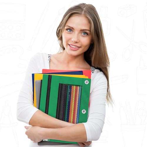 Image of Pencil Pouch for 3 Ring Binder - 3 Hole Zipper Pen Case Bag Holder Bulk Accessories Clear Window Aesthetic Organizer Pockets