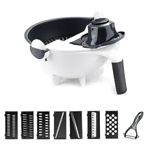 Pershoppe 9 in 1 Bowl Slicer Multi Function Rotate Vegetable Cutter with Drain Basket Large Capacity Chopper Portable Slicer Kitchen Tool, Multi Color