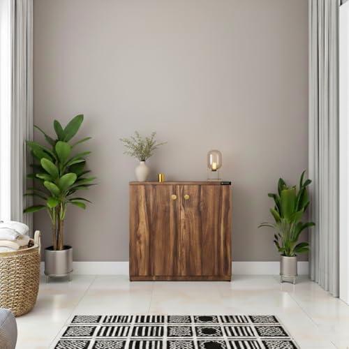 Image of Wooden Shoe Rack with Doors | 3 Tier Closed Shoe Cabinet for Home | Space Saving Footwear Storage Unit for Entryway, Living Room & Bedroom (L 60 x B 32 x H 60 cm) DIY (Classic Walnut)