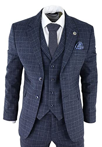 Mens Grey Tweed 3 Piece Suit Blue Check Vintage 1920s Gatsby Blinders Tailored Fit4