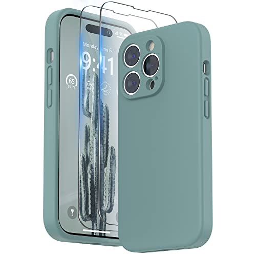 Surphy Designed For Iphone 14 Pro Case With Screen Protector, (Camera Protection + Soft Microfiber Lining) Liquid Silicone Phone Case, Cactus Green #TOP13