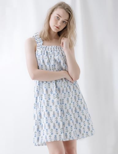 Flygo Nightgowns for Women Ruffle Sleeveless House Dresses Floral Print Sleep Dress Nightdress Sleepwear with Pockets3