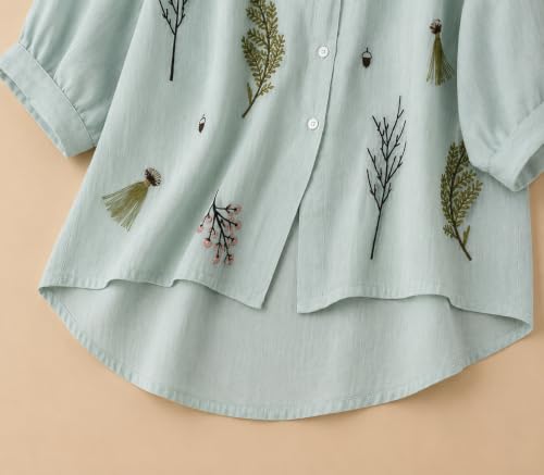 Image of Gufrina Women Designer Botanical Embroidered Korean Style Shirt | Button Down Relaxed Fit | High Low Hem Three Quarter Sleeve | Casual Smart Top-Shirt