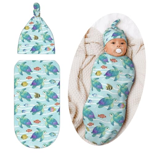 Image of Turtle Swaddling Blanket for Baby, Unisex Beach Baby Stuff with Hat