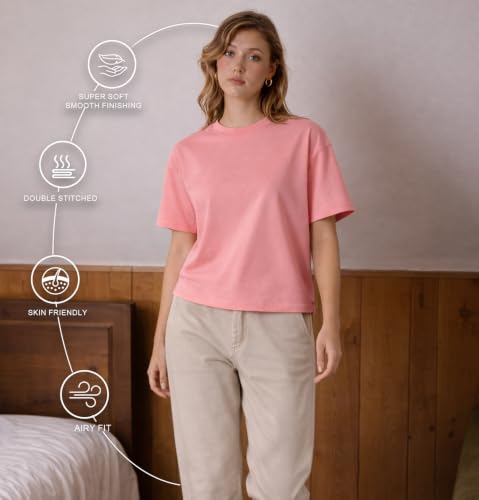 Image of SLEEPY NUTS Women Oversized T-Shirt 220 GSM Heavyweight Cotton Rich Baggy Fit Drop Shoulder Round Neck Half Sleeve