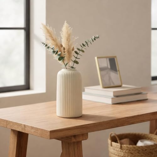 Beyond Homes Ceramic Flower Vase for Home Decor & Living Room | Ceramic Vase for Flowers | Centerpiece Vase for Living Room | Centre Table Showpiece for Home Decoration (Set of 1, Off-White)