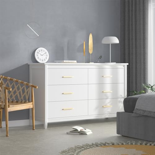TVU White 6 Drawer Wood Dresser, Wide Storage Cabinet Chest of Drawers,Storage Dresser for Bedroom Living Room Hallway Entryway - Thumbnail 6