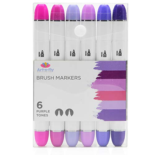 Professional Brush Tip Markers Set of 6 Purple Manga Markers for Drawing Sketching Illustration - Tones of Violet Lavender Purple Lilac