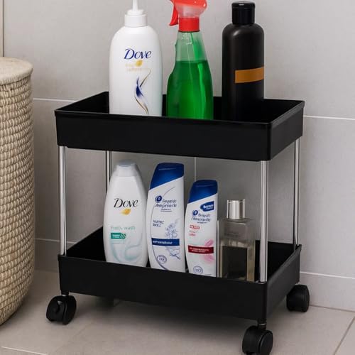 Image of 2 Tier Storage Rack, Kitchen Trolley, Storage Cart with Wheels, Rolling Storage Cart, Kitchen Storage Rack, Multipurpose Trolley (Black)