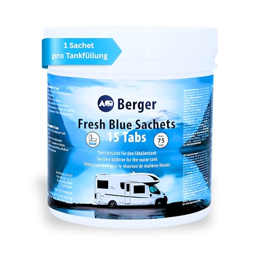 BERGER Fresh Blue Sachets | Tabs für Camping-WCs & Chemietoiletten | Sanitärzusatz zersetzt Fäkalien und verhindert unangenehme Gerüche | Einfache Anwendung & hygienische Dosierung | 15 x 26 g