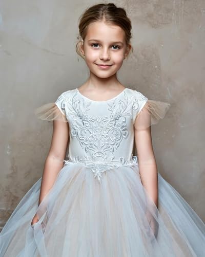 Lace Tulle Flower Girl Dresses for Wedding Ruffle Sleeve First Communion Dress Pageant Ball Gown with Bow4
