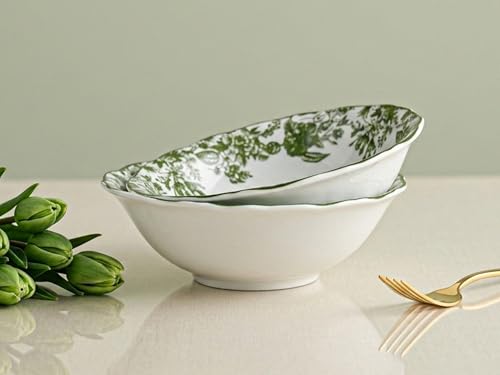Image of Bodhi House 2-Piece Green Leaf White Porcelain Serving Bowl Set | Lightweight, Chip Resistant, | Microwave & Dishwasher Safe | Elegant Tableware for Home Dining, Parties, Serving & Gifting Use