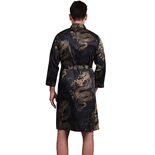 Cososa Men's Satin Dragon Robes With Shorts Lightweight Sleepwear Long Sleeve Kimono Print Bathrobe(Black,2Xl) #TOP4