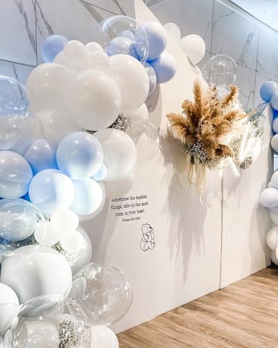 Image of 200Pcs Blue and White Balloon Garland Arch Kit - Light Blue White Balloons 18 12 10 5 Inch Different Size Balloons for Birthday Baby Shower Bachelorette Gender Reveal Party Decoration Supplies