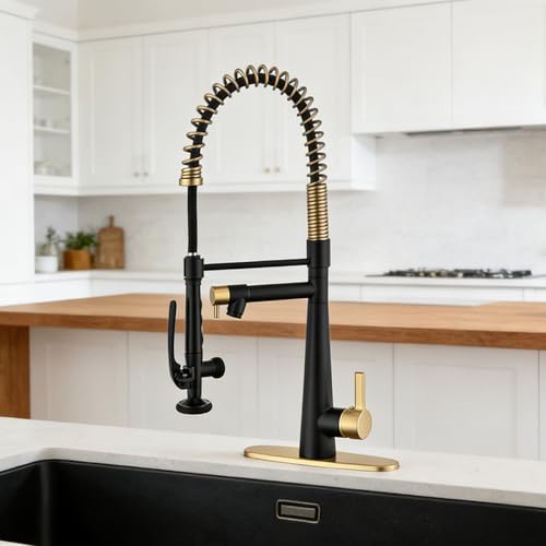 Image of Kitchen Faucet, Solid Brass Black + Brushed Gold Kitchen Faucet, Heavy Duty Spring Pre-Rinse Single Handle Kitchen Faucets with Pull Down Sprayer and Pot Filler, Commercial Style Sink Faucet