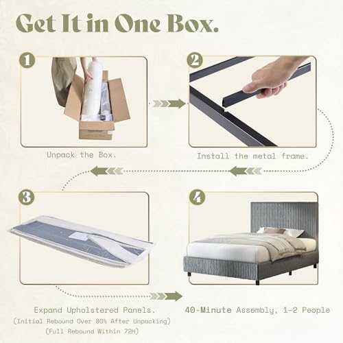 Image of AMERLIFE Twin Bed Frame, Grey | Upholstered, Metal Platform Bed
