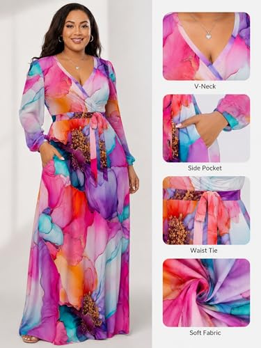 Image of PinkPatty Women's Long Sleeve Maxi Dress Plus Size Trendy Wedding Guest Wrap Dress with Pockets&Belt