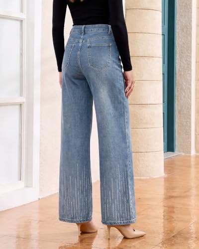 GRAPENT Rhinestone Jeans for Women High Waist Wide Leg Sparkly Denim Pants - image 3