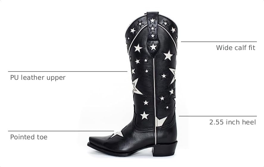 Image of YIYA Women's Star Cowboy Boots Black and White Cowgirl Boots with White Stars Pointed Toe Chunky Low Heel Pull-On Wide Calf Western Embroidered Boots