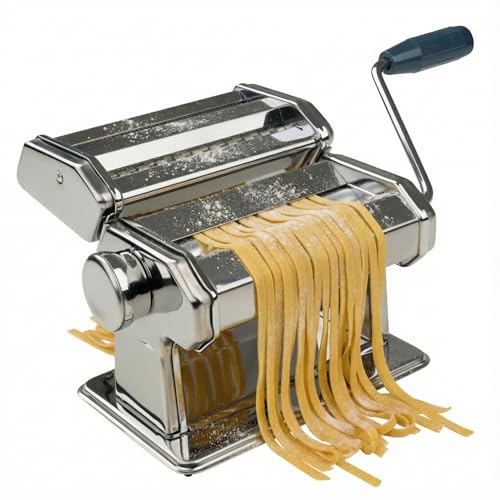Fackelmann #easyprepare Nudelmaschine für leckere Pasta – Aufsätze für Lasagneblätter, Tagliatelle & Spaghetti – Inklusive Tischhalterung und Anti-Rutsch-Boden, Weiß/Blau-grau