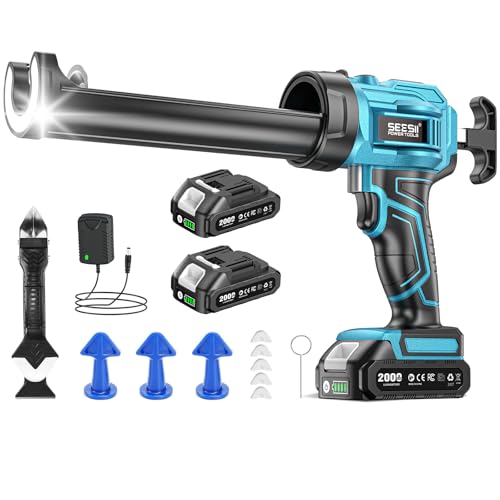 SEESII Cordless Caulking Gun, 21V Battery Powered Caulk Gun, Electric Caulking Gun w/2 x 2.0Ah Batteries, 9Pcs Caulk Remover Tool, LED Light, Auto Retract for Filling, Sealing