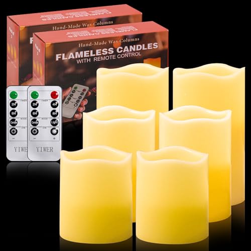 Image of YIWER Wax Flameless Candles: 6 Pack Ivory Flameless Battery Operated Candle with Remote Timer Flickering Light for Mom Valentines Day Christmas Decor (Size: D3.15 x H 4 inch /5 inch /6 inch,Include 2 Gift Boxes)