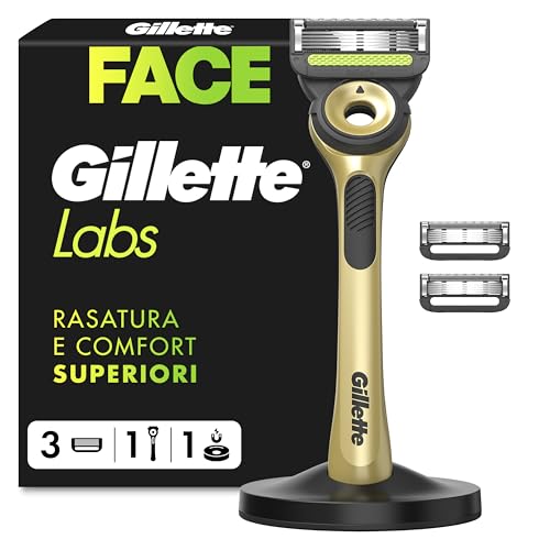Gillette Labs Rasoio Champion Gold Edition con Pezzi di ricambio, 1 Manico Con Barra Scrub Integrata, 3 Lame Con Banda Lubrificante, 1 Supporto Magnetico