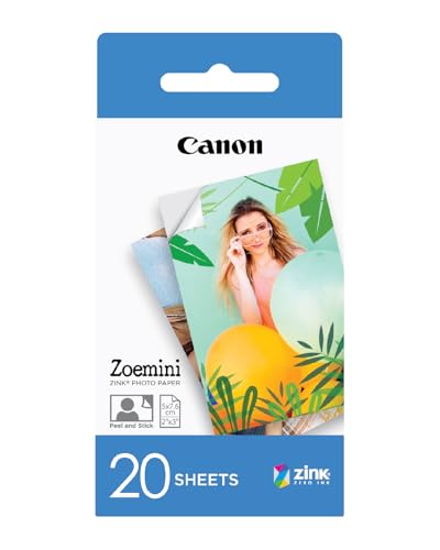 Papier photo ZINK 5 נ7,6 cm pour Canon Zoemini | Pack de 20 feuilles | Impression sans encre | Résistant à l'eau et aux déchirures avec dos adhésif |...