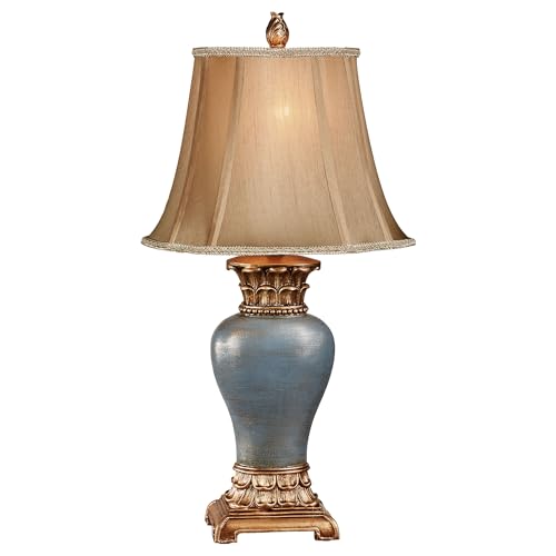 Chapelton Traditional Table Lamp | Finely Handcrafted from Resin | Cool Blue Hue | Metallic Brushed Gold and Antique Gold Accents | Tan Faux Silk Shade | Classically Elegant Tabletop Lighting Design