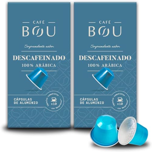 Café BOU - Cápsulas de Café Descafeinado 100% Arábica | Intensidad media I Cápsulas Compatibles con Máquinas Nespresso I Café con aroma a frutos secos | 2 cajas x 10 cápsulas (20 cápsulas)