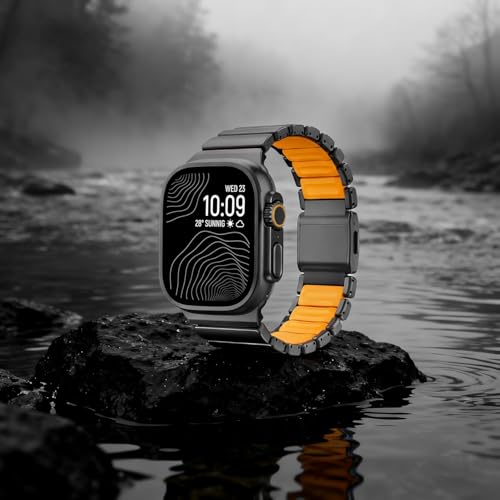 Image of Morofy Titanium Silicone Dual-Layer Link Bands Compatible with Apple Watch Band Ultra 3 /2 /1 49mm 46mm 45mm 44mm Men Women Magnetic Clasp Metal Strap for iwatch Series 11 10 9 8 7 6 5 4 SE (Black|Orange)