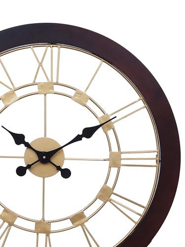 Image of CHRONIKLE Elegance Round Rosewood Wooden Wall Hanging Clock Analog Roman Numerals Golden Dial Iron for Home Office Decor Living Room Bedroom (Size: 59 x 4.5 x 59 CM | Weight: 3010 Gram)