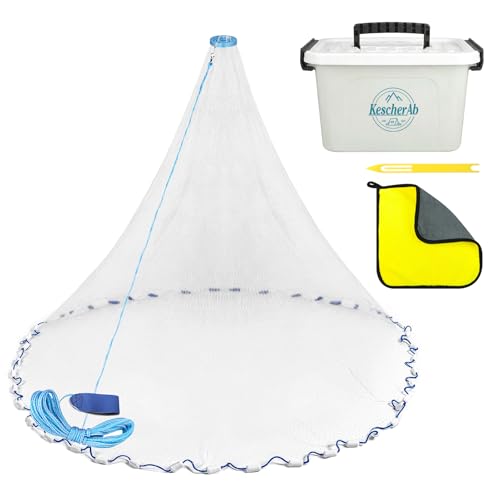 KescherAb Cast Net 3ft-8ft Radius American Monofilament Fishing Net 3/8 Mesh Fish Throw Net for Bait Trap, Casting Net with Heavy Duty Sinker, Professional Grade Saltwater Bait Fish