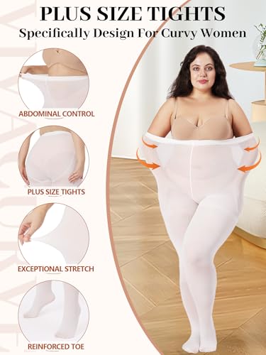 Image of Plus Size Opaque Tights for Women 240D Soft Solid Color Footed High Waist Control Top Pantyhose