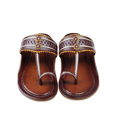 Image of Women's Kolhapuri Sandals - Handcrafted Leather Flats Chappals with Toe Ring, Comfortable Slip-On Ethnic Footwear with Embroidery & TPR Leather Sole
