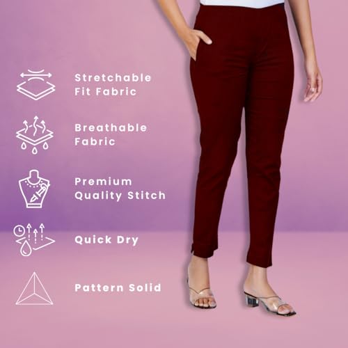 Image of Happy Bunny Cotton Blend Lycra Kurti Pants for Women, Soft 30% Stretch Full Length Trousers with Elastic Waist & Zip Pocket, Ideal for Office, Work, Casual, Home Wear Breathable Slim Fit
