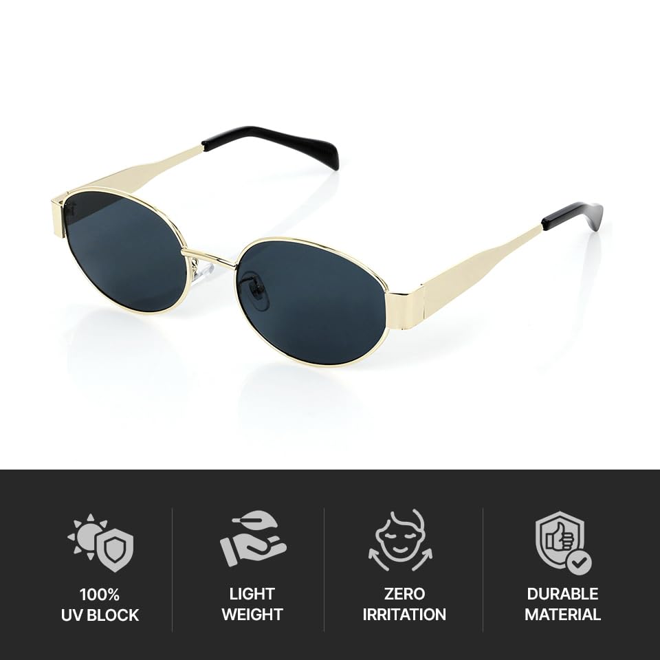 Korean Trendy Alternative Fit Retro Oval Women Sunglasses Minimalist Style Low Bridge UV400 Protection, Gold/Grey Lens (Premium Vegan Leather Case Included)4