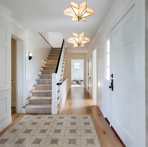 Image of LIGHTLAND 11.8 Inch Flush Mount Star Ceiling Light, 3 Lights Brass Ceiling Lamp with Glass Lampshade, Art Deco Close to Ceiling Light Fixtures for Entryway Hallway Porch, Gold