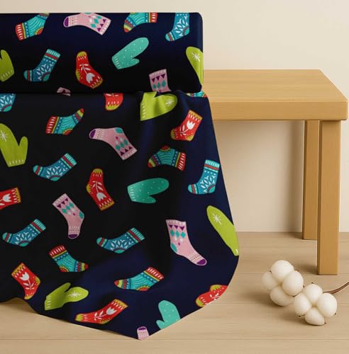 Image of Soimoi Blue Cotton Cambric Fabric Socks & Gloves Folk Art Printed Craft Fabric by the Meter 42 Inch Wide