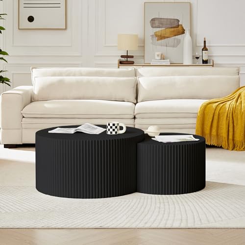 JUSTONE Set of 3 Black Round Coffee Table Set Side Table End Table for Living Room, Drum Round 3 Peice Nesting Coffee Modern Coffee Table for Apartment Office,No Assembly (3PCS,Black)