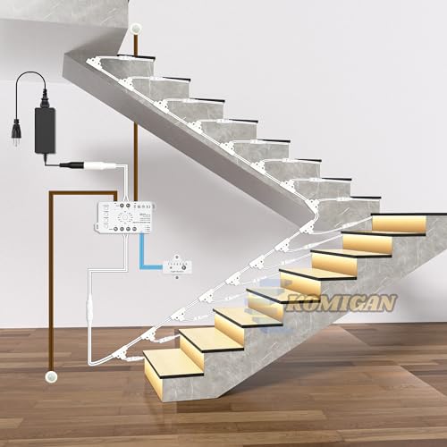 Image of Motion Sensor with Daylight Sensor Sync Light Up Type LED Stair Lighting Kit SSL-0516, Suilt for 20-40inches Wide Indoor Staircase (Warm White 3000K, 12 Stairs)
