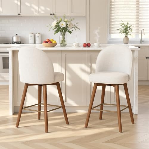 Image of Modern Swivel Bar Stools Set of 3, Chic Upholstered Counter Height（26IN） Bar Chair with Back, Solid Wood Legs and Footrest, Comfortable Chenille Bar Stool for Kitchen Island, Cream White