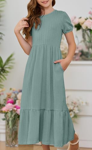 YOVION Girls Maxi Dress Summer Puff Sleeve Crew Neck Tiered Flowy Casual Holiday Dresses with Pockets for 6-12 Y4