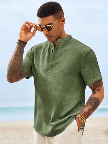 Image of Runcati Mens Casual Henley Shirt Short Sleeve Band Collar Textured Shirts Summer Beach Hippie T-Shirts