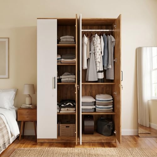 Image of FFO Tokyo 4 Door Wooden Wardrobe for Bedroom with Hanging Rod, Shelves & Lock | Modern Clothes Storage Almirah /Cabinet with White & Coach Wood | Wardrobe Organizer for Clothes, Dresses DIY.