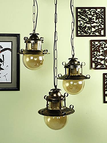 Image of GreyWings Antique Brass Triple Hanging Light for Ceiling, 3 Pendant Lamps for Home Decor, Metal & Glass Chandelier, Indoor Vintage Light, (Bulb Not Included) 3LP Set