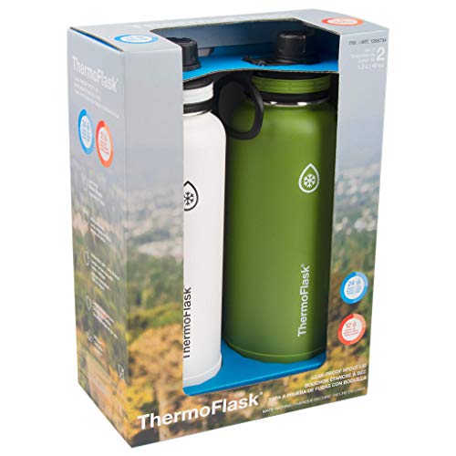 Image of ThermoFlask Bottle with Spout Lid - Stainless Steel Water Bottles with Double-Wall Insulation & BPA-Free Spout Lids - Leak-Proof Reusable Bottles & Lids - 40 oz, Arctic /Grasshopper (2 Pack)