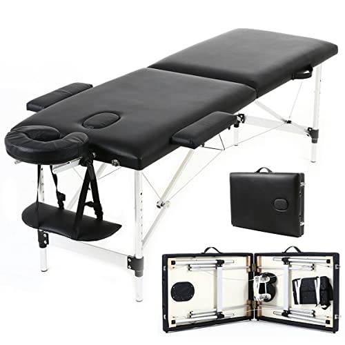 Cama de masaje móvil con 2 zonas, plegable, de aluminio, altura regulable, altura regulable, 186 x 62 cm, color negro Cover