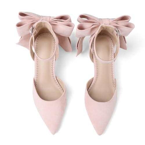 Yremael Women's Pink Bow Heels Pointed Toe Pumps Ankle Strap Chunky Block Kitten Heel Dress Shoes - image 4